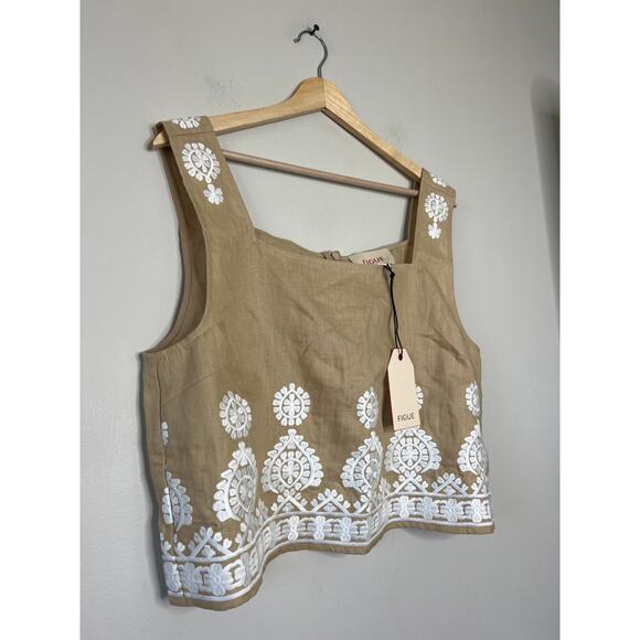 NWT Figue Isabelle Squared Neckline Linen Zip Top Travertine Sand Size: Large - Picture 3 of 8